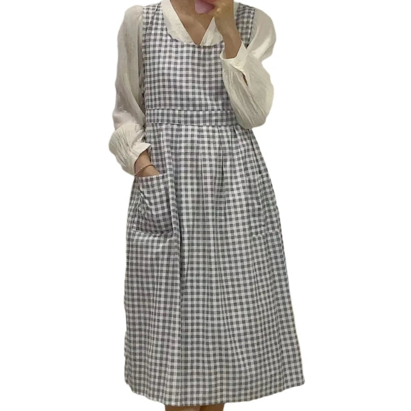 Vintage Checkered Plaids Long Apron Home Kitchen Garden Art Painting Pinafore Dress Side Slit Florist Shop Overalls