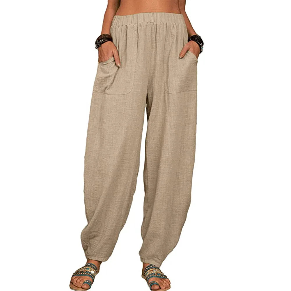 Vintage Boho Cotton Linen Pants for Women Summer Pockets Thin Beach Trousers Woman Casual High Waist Loose Harem Pants