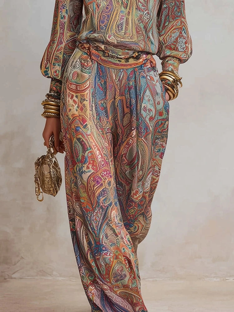 Women's Boho Paisley Print Two-Piece Set V-Neck Long Sleeve Blouse Top Wide Leg Pants Casual Loose Suit for Vacation