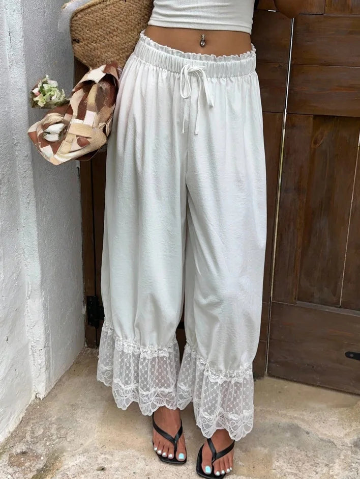 Boho Style Women's Loose Wide Leg Pants Fashion Lace Spliced Solid Casual Pants Comfort Lightweight Women Pants for Travel Daily