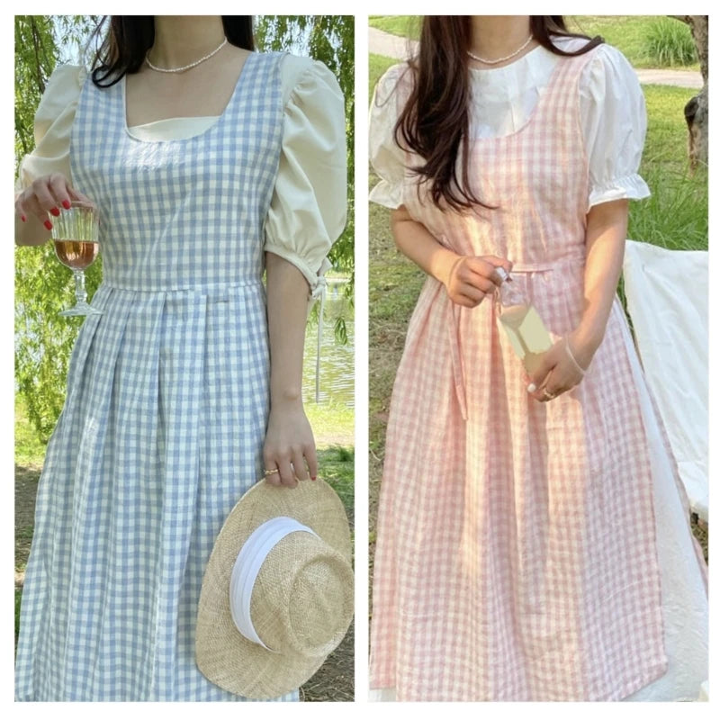 Vintage Checkered Plaids Long Apron Home Kitchen Garden Art Painting Pinafore Dress Side Slit Florist Shop Overalls