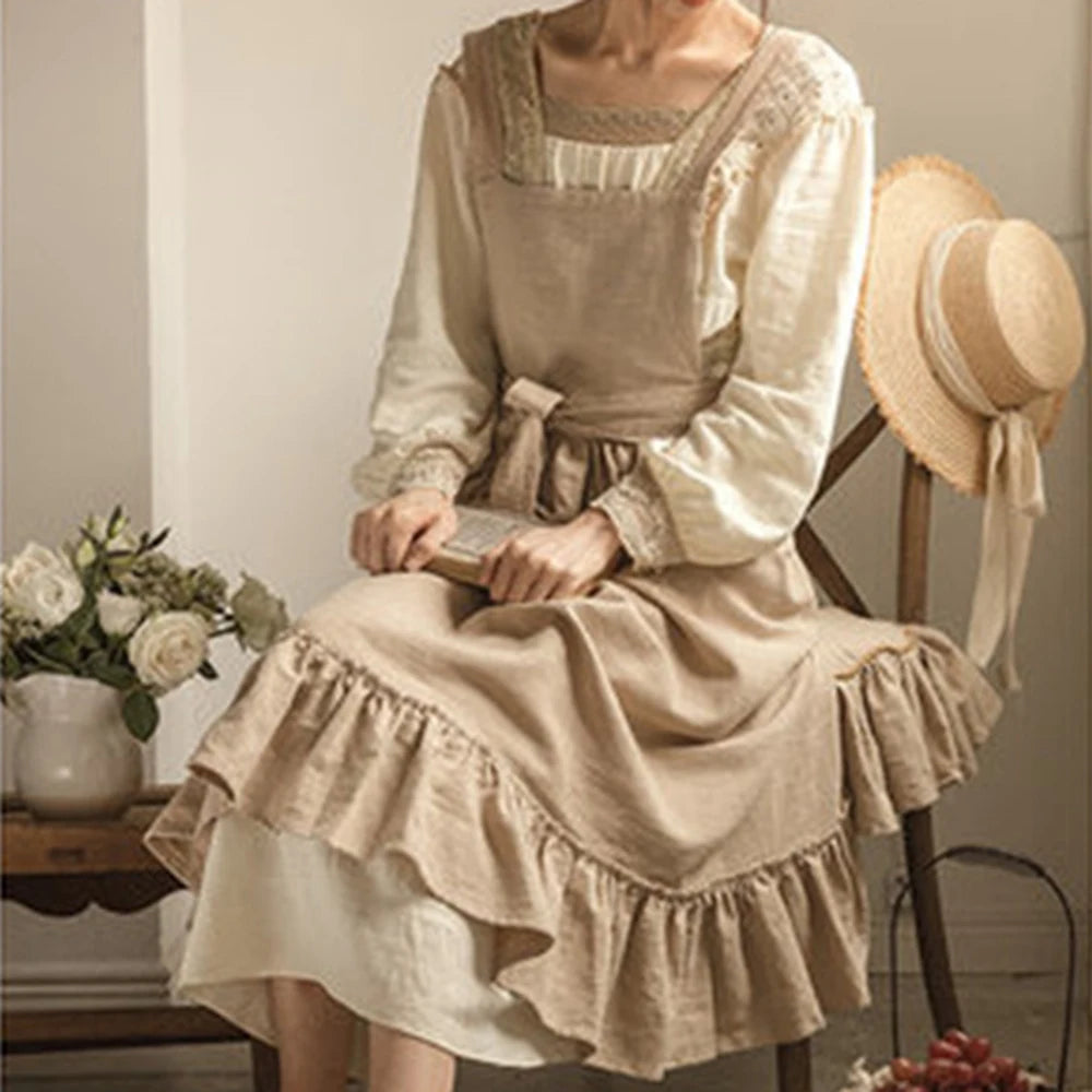 1PC French Pastoral Florist Artsy Cotton Linen Vintage Apron Kitchen Baked Nordic Solid Color Ruffled Apron