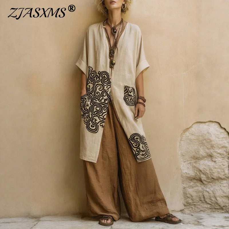 Boho Open Front Kimono Geometric Print Pocket Top Wide Leg Pants 3 Piece Sets Spring Summer Robe Set Woman Loose Vacation Outfit