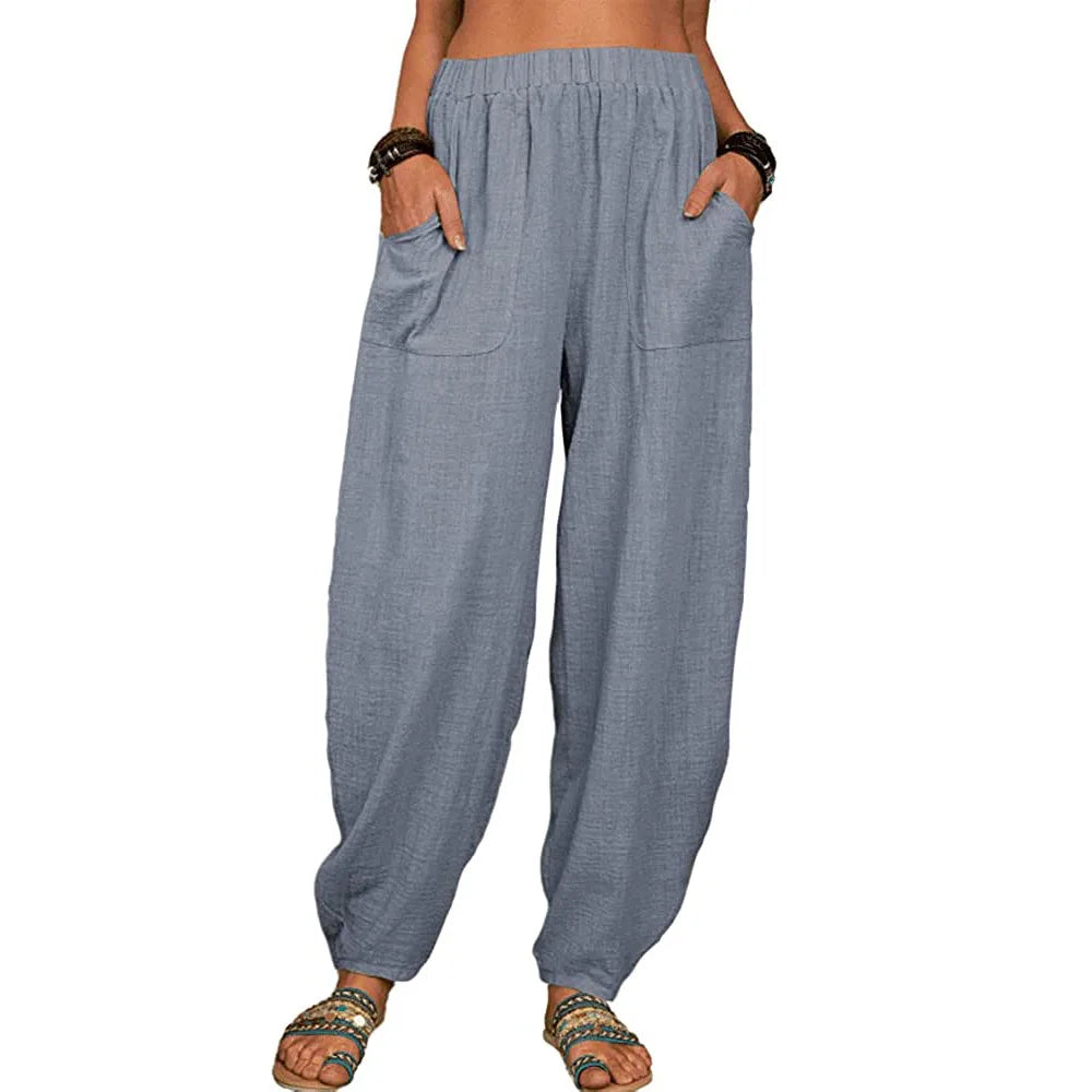 Vintage Boho Cotton Linen Pants for Women Summer Pockets Thin Beach Trousers Woman Casual High Waist Loose Harem Pants