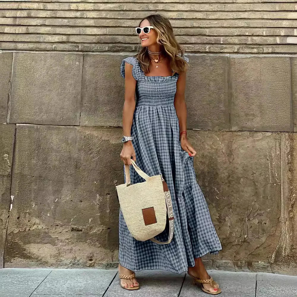 Women's Vintage Plaid Sleeveless Gathered Skirt Dress with Fine Strap Lace Hem Long Dress