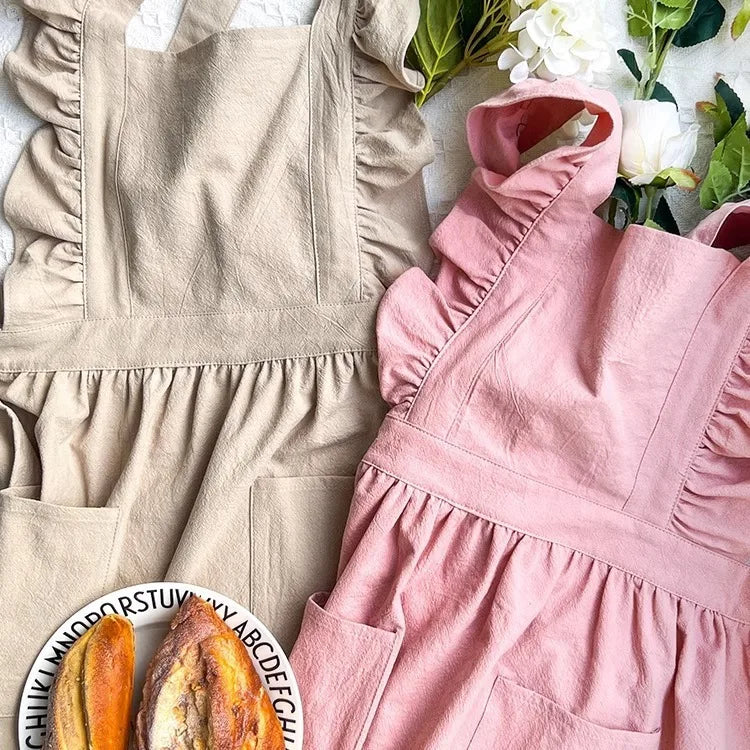 Japanese Korean Cute Lovely Cotton Kitchen Ruffled Aprons, Vintage Baking Apron with Pockets for Chef Cooking Baking Gardening