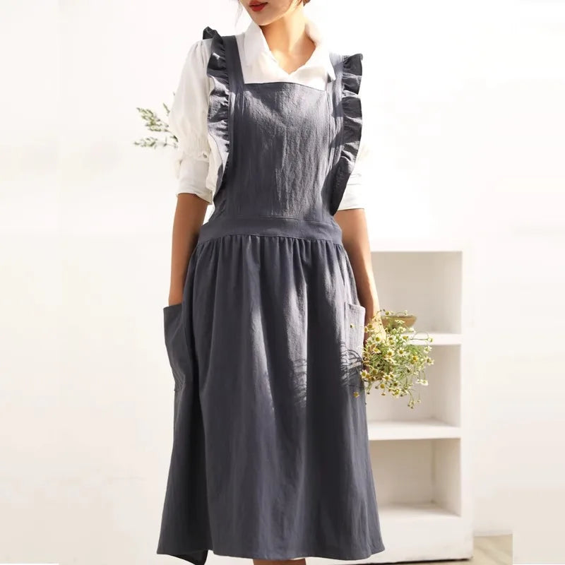 Japanese Korean Cute Lovely Cotton Kitchen Ruffled Aprons, Vintage Baking Apron with Pockets for Chef Cooking Baking Gardening
