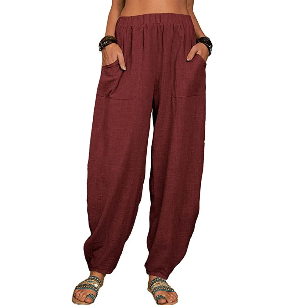 Vintage Boho Cotton Linen Pants for Women Summer Pockets Thin Beach Trousers Woman Casual High Waist Loose Harem Pants