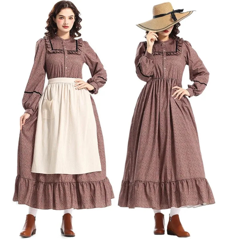 Vintage Victorian Prairie Dress Medieval Colonial Floral Gown Renaissance Fair Attire with Elegant Style