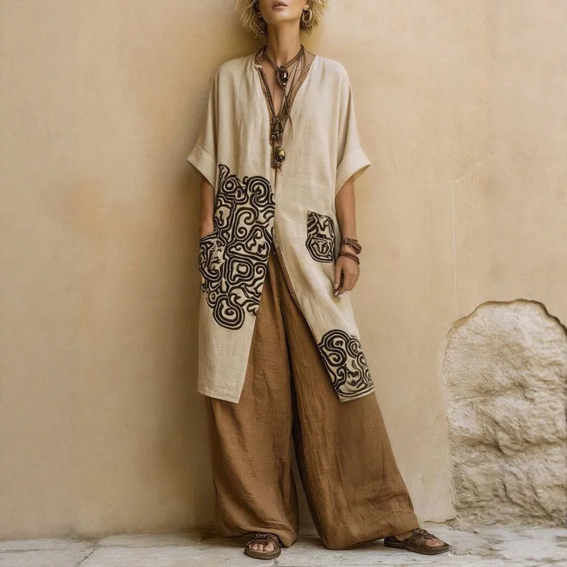 Boho Open Front Kimono Geometric Print Pocket Top Wide Leg Pants 3 Piece Sets Spring Summer Robe Set Woman Loose Vacation Outfit