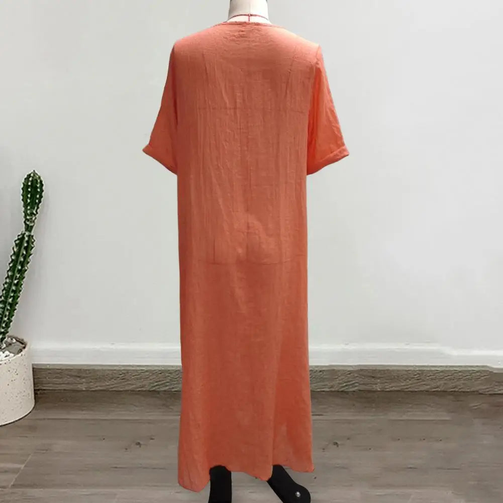 2024 Bohemian Style Cotton Linen Loose Dress Women's V-neck Dress Vintage Straight Beach Dress Soft Breathable Long Dresses