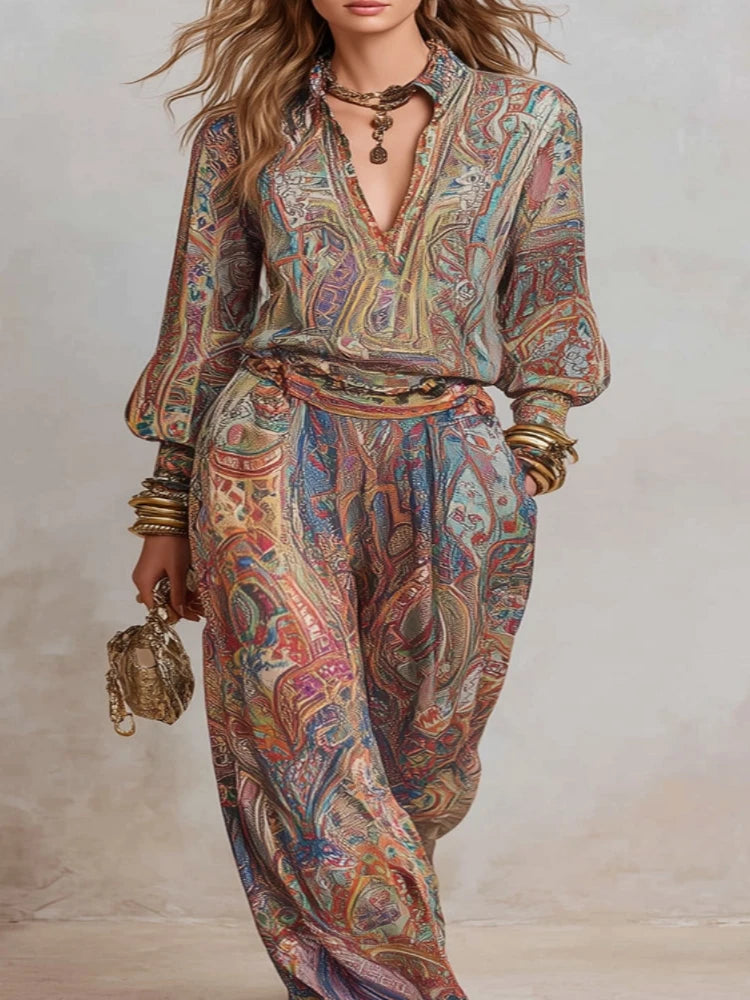 Women's Boho Paisley Print Two-Piece Set V-Neck Long Sleeve Blouse Top Wide Leg Pants Casual Loose Suit for Vacation