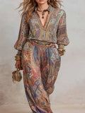 Women's Boho Paisley Print Two-Piece Set V-Neck Long Sleeve Blouse Top Wide Leg Pants Casual Loose Suit for Vacation