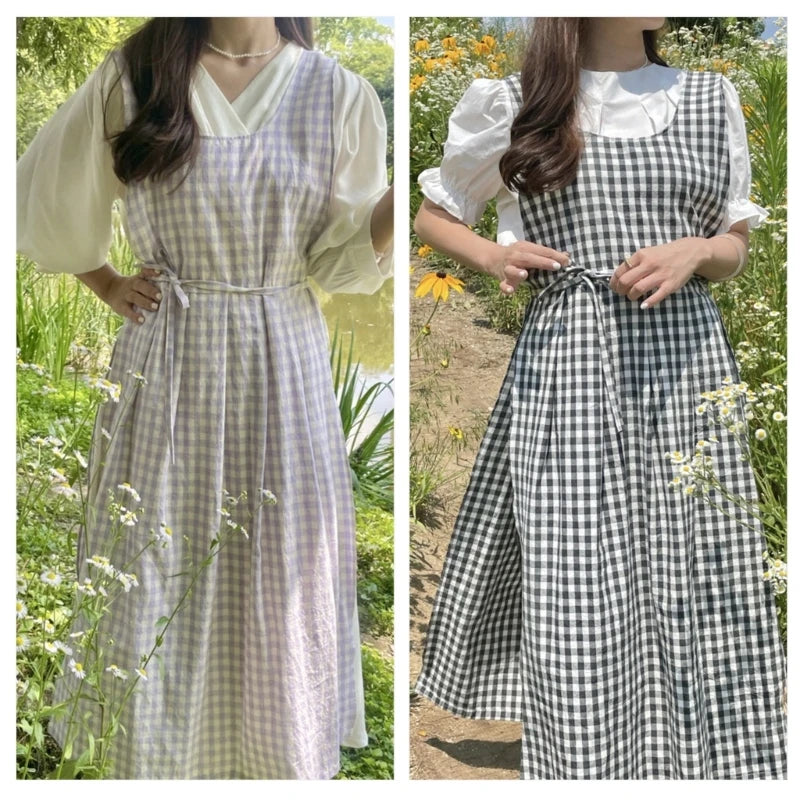 Vintage Checkered Plaids Long Apron Home Kitchen Garden Art Painting Pinafore Dress Side Slit Florist Shop Overalls