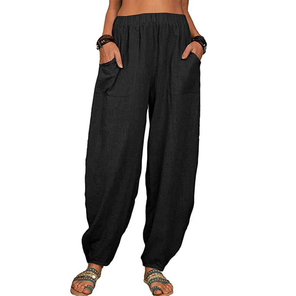 Vintage Boho Cotton Linen Pants for Women Summer Pockets Thin Beach Trousers Woman Casual High Waist Loose Harem Pants