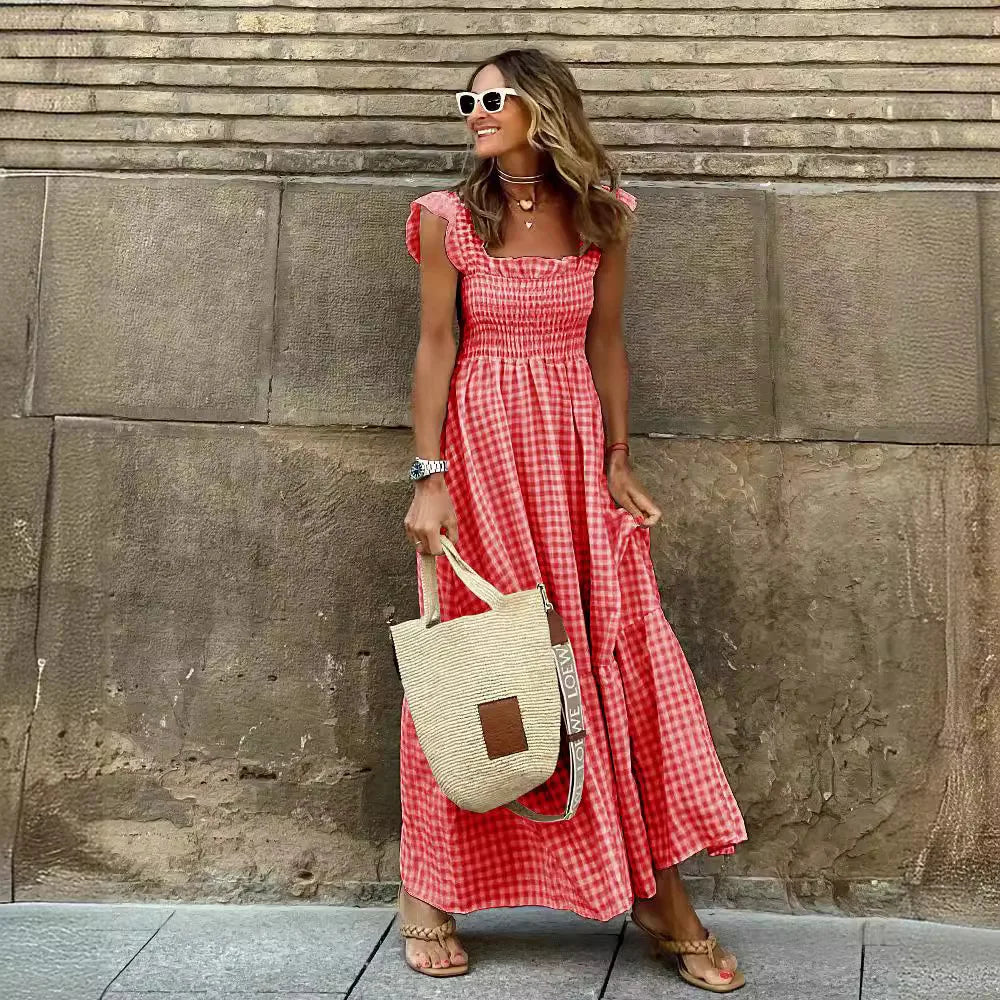 Women's Vintage Plaid Sleeveless Gathered Skirt Dress with Fine Strap Lace Hem Long Dress