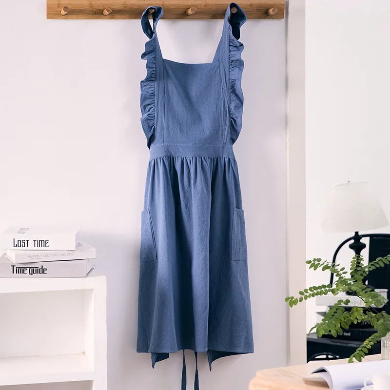 Japanese Korean Cute Lovely Cotton Kitchen Ruffled Aprons, Vintage Baking Apron with Pockets for Chef Cooking Baking Gardening