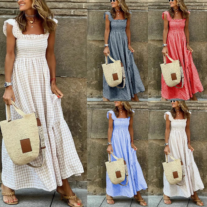 Women's Vintage Plaid Sleeveless Gathered Skirt Dress with Fine Strap Lace Hem Long Dress