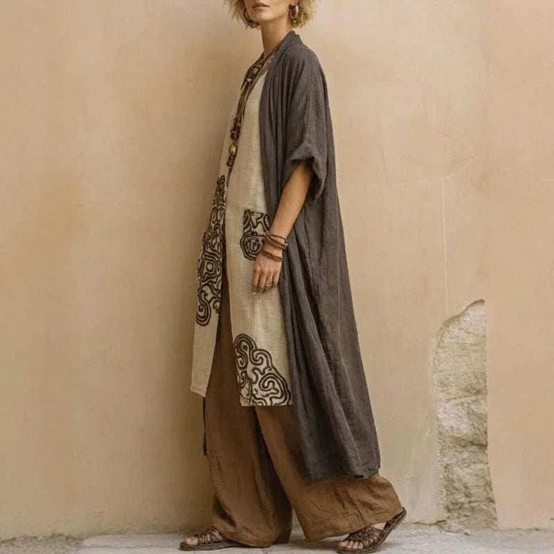 Boho Open Front Kimono Geometric Print Pocket Top Wide Leg Pants 3 Piece Sets Spring Summer Robe Set Woman Loose Vacation Outfit